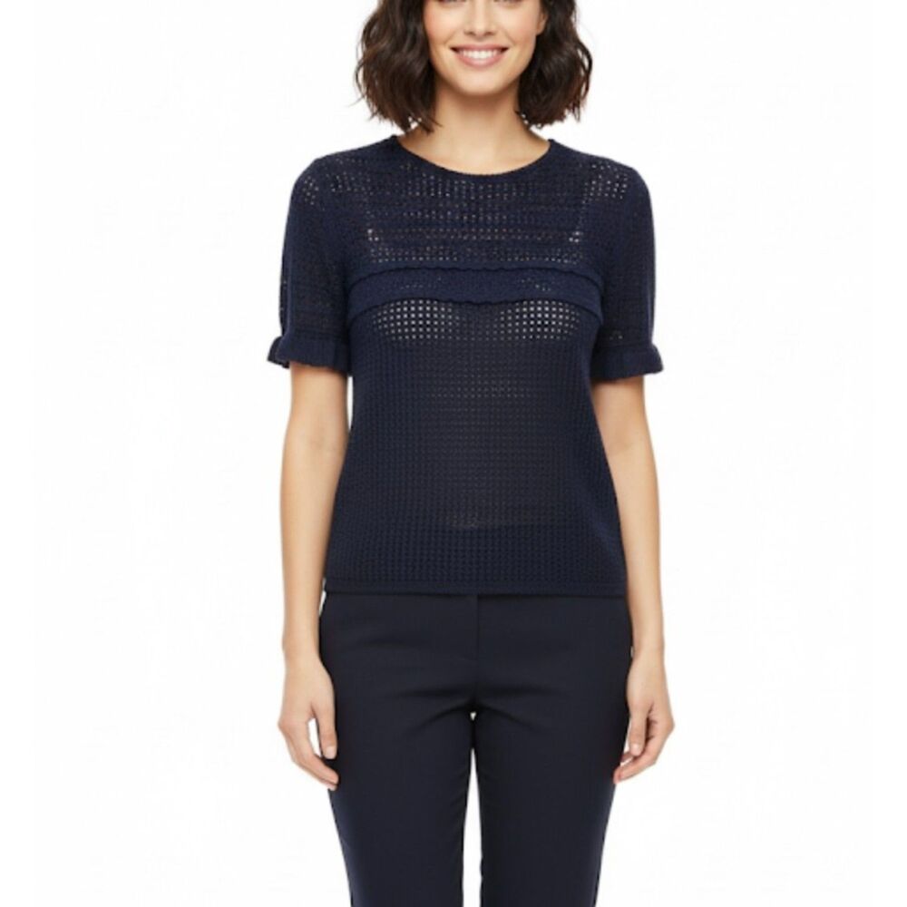 Topshop Nordstrom Women's NWOT Navy Open Crochet Short Sleeve Sweater Size 8